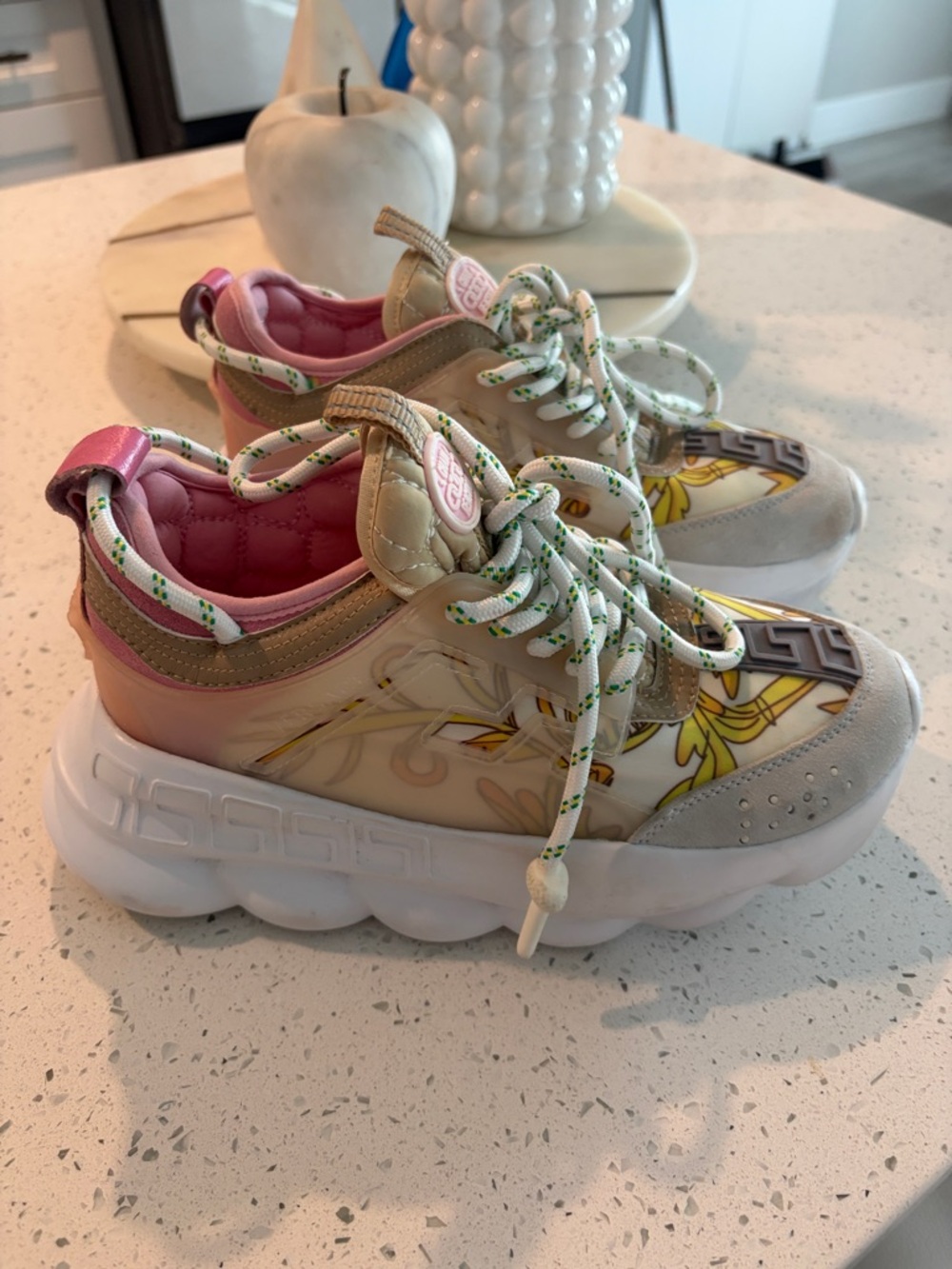 Versace Pink Beige Floral-Accent Kids Sneakers